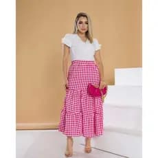 Saia Rosa Midi chá Longa Xadrez Quadriculada com Forro Godê Evasê Rodada Transpassada social Tecido Duna Viscose Festa Junina Arraial