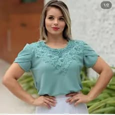 Blusa Camisa Manga Curta Verde Renda Social Moda Evangélica Social Bordada