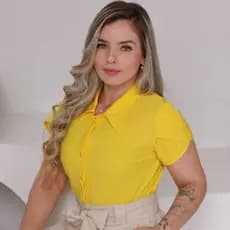 Camisa Social Amarela Feminina com botões delicada Blusa Manga Curta Renda Evangelica Romântica Slim Trabalho Festa