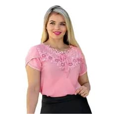 Blusa Camisa Rosa Rose Claro Manga Curta Renda Social Pérola Bolinha Crepe Moda Evangelica Laço Lacinho Romantica Congresso