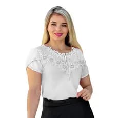 Blusa Camisa Branca Manga Curta Renda Social Pérola Bolinha Crepe Moda Evangelica Laço Lacinho Romantica Congresso Natal Ano Novo
