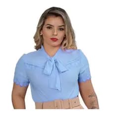 Blusa Camisa Azul Celeste Manga Curta Renda Social Moda Evangelica Laço Gravata Gravatinha Romantica