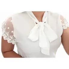Blusa Camisa Plus Size G2 Branca Manga Curta Renda Social Moda Evangelica Laço Gravata Natal Natalina Ano Novo