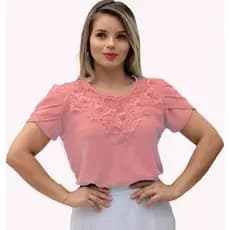 Blusa Camisa Rosa Claro Rosê Detalhes em Pérolas Pedrinha Manga Curta Renda Social Moda Evangélica Romântica Social Bordada para Congresso Igreja Fardamento
