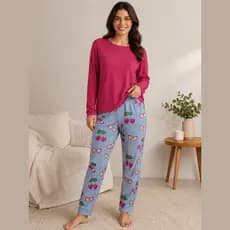 Pijama Feminino Suede Longo Adulto Inverno Manga Longa Calça