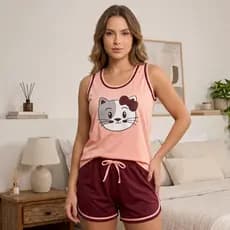 Baby Doll Regata Pijama Feminino Adulto Short Curto Confortável Malha Fresquinho
