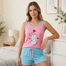 Pijama Feminino Verão Roupa de Dormir Baby Doll Regata Malha Adulto Blusa e Short