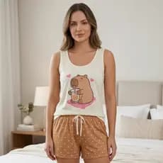 Pijama Feminino Verão Baby Doll Regata Adulto Malha Confortável Dormir Fresquinho Blusa e Short