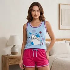 Pijama Feminino Regata Baby Doll Verão Adulto Blusa e Short Curto Malha