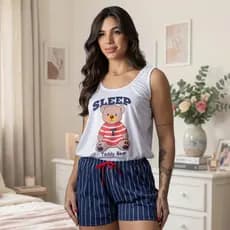 Pijama Feminino de Verão Baby Doll Regata Adulto Malha Fresquinho Blusa e Short
