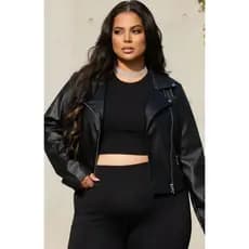 Jaqueta Feminina Plus Size de Couro Elegante Zíper Frontal
