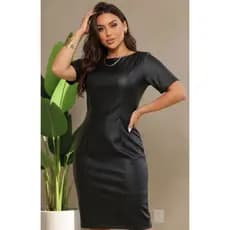 Vestido Feminino De Couro Elegante Manga Curta Moderno
