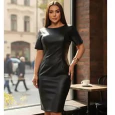Vestido Feminino Couro Manga Curta Estiloso Sofisticado