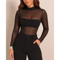 Body Feminino Tule Transparente Manga Longa Gola Alta Preto