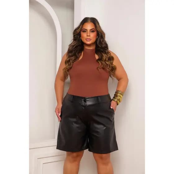 Bermuda Feminina Couro Cintura Alta Bolso Plus Size