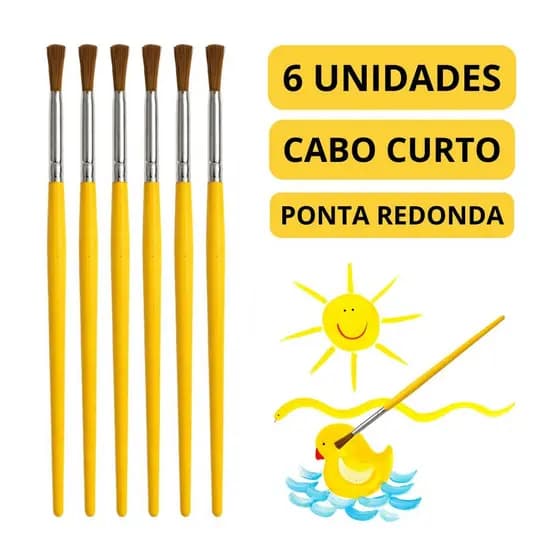 KIT 6 PINCEL PARA PINTURA ESCOLAR REDONDO GUACHE CABO CURTO ARTESANATO 166 - PINCEIS CASSIA