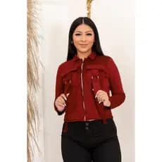 Casaco feminino blazer no tecido suede scuba con ziper e bolso