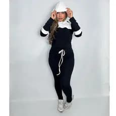 Conjumto moletom , feminino no tecido crepe casaco + calça ,bolso na calça casaco com capuz