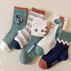 Kit 5 Pares Meia Infantil Bebê Cano Médio Menina Menino Criança Dinossauro Até Tamanho 35