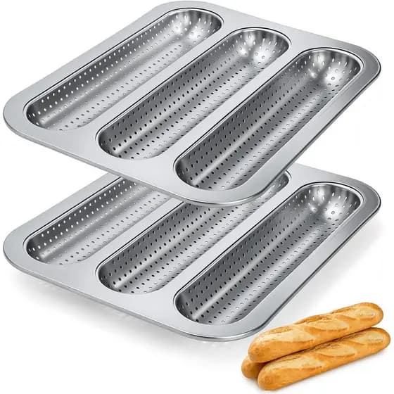 Forma De Baguete Perfurada Antiaderente De 2 Pacotes , Assadeira De Pão Francês De 3 Slots , Bandeja De Aço Carbono Para