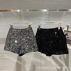 Shorts de Veludo Preto 2025 para Mulheres com Lantejoulas Brilhantes, Calças Curtas Versáteis, Roupas de Festa, Hot Pant