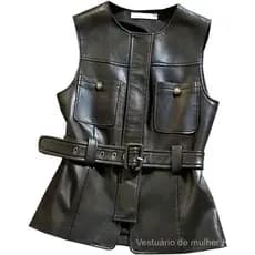 Colete de Couro PU Preto Sem Mangas com Decote Redondo e Cinto na Cintura, Elegante para Mulheres, Moda Americana Retro