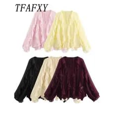 Camisa casual feminina com babados soltos, renda, detalhes vazados, blusas com decote em V, blusas de primavera 2025, ro