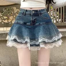 Saia de ganga com acabamento de renda delicada, cintura alta, corte em A, mini saia feminina, moda coreana, casual, stre