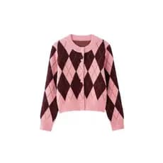 Cardigã Feminino de Tricô Jacquard Argyle, Manga Longa, Gola Redonda, Elegante, Peça de Vestuário Feminina