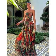 Vestido feminino estampado sem alças, elegante, colorido, com cintura plissada, vestidos longos, novos vestidos de festa