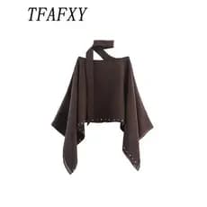 TFAFXY 2025 Capa Feminina Estilo Streetwear Chic, Cor Sólida, com Rebites, Gola Cachecol, Manga Longa, Capa Solta, Nova