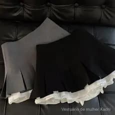 Saia mini preta com babados Mexzt y2k para mulheres, saia plissada em patchwork coreano, saia A-line de cintura alta est