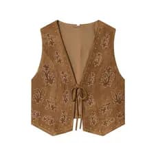 Colete de Camurça Sintética Bordado YENKYE para Mulheres, Decote em V, Sem Mangas, Com Amarração Frontal, Estilo Vintage
