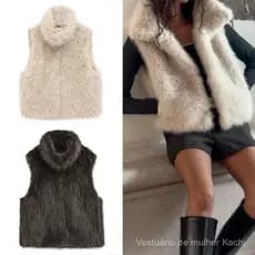 Colete de Pele Sintética Elegante para Mulheres, Gola Alta, Sem Mangas, Moda Outono Inverno, Roupa de Rua Alta para Mulh