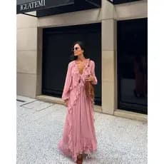 Vestido de chiffon de manga comprida com babados em camadas, estilo europeu e americano, nova coleção de outono de 2025.