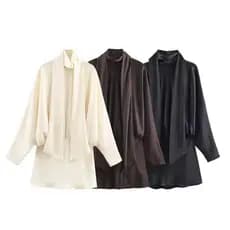 Vestido Elegante de Cetim Francês para Mulheres, com Decoração de Lenço, Vestido Curto Feminino para Primavera e Outono,