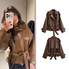 Jaqueta Trench Vintage Feminina em Couro Sintético para Primavera e Outono, Casaco de Mangas Longas com Cinto e Dupla Ab