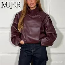 Jaquetas de Couro Sintético MUJER para Mulheres, Jaqueta Bomber Oversize Feminina, Moda Inverno, Casacos Femininos, Roup