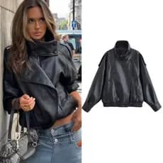 Jaqueta feminina outono 2025, nova, preta, de couro sintético texturizado, estilo motociclista de manga longa, elegante
