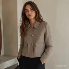 Blazer Feminino Xadrez com Gola de Lapela, Botões Frontais e Bolsos com Aba para Escritório, Roupas de Primavera e Outon