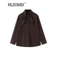 NLZGMSJ Camisas Femininas com Lenço 2025 Outono Elegantes para Escritório, Soltas, Chiques, Ajustadas, de Manga Comprida
