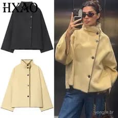 Casaco de Lã Oversized HXAO para Mulheres, Jaqueta Amarela e Cinza Escuro, Novidade em Casacos e Jaquetas, Casaco de Man