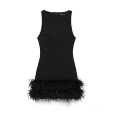 Novo Vestido Mini Elegante de Patchwork Francês com Plumas para Mulheres Simples e Chique, Cor Sólida, Sem Mangas, Decot