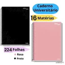 Caderno Universitário Capa Dura 16 Matérias Preto Rosa Escolar Credeal