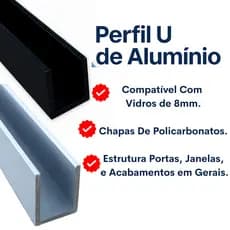 Perfil U De Alumínio Para Vidro de 8mm Madeira Reforçado Divisórias 1metro
