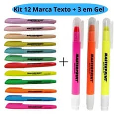 Kit 12 Caneta Marca Texto (6 Neon + 6 Pastel) + 3 Marca Texto Gel Amarela Rosa Laranja Masterprint