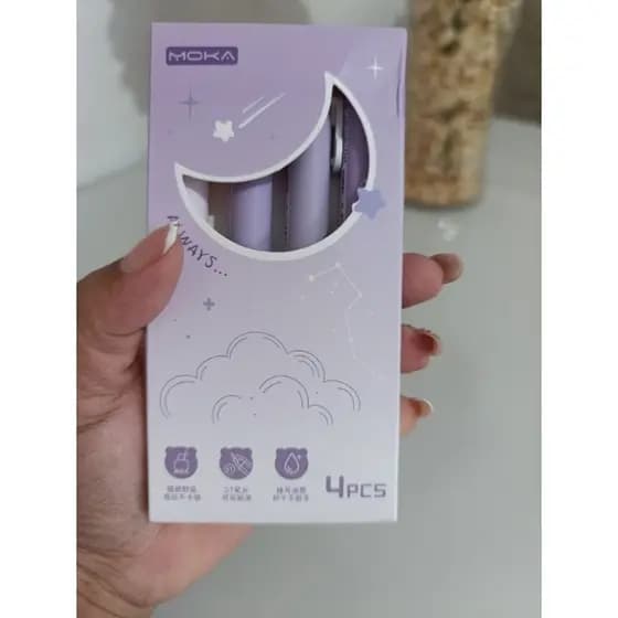 Kit 4 Canetas Gel Galaxy Moon Roxo Lilás Kawaii Ponta Fina 0.5mm Grip Soft Confortável Escrita Macia Papelaria Criativa