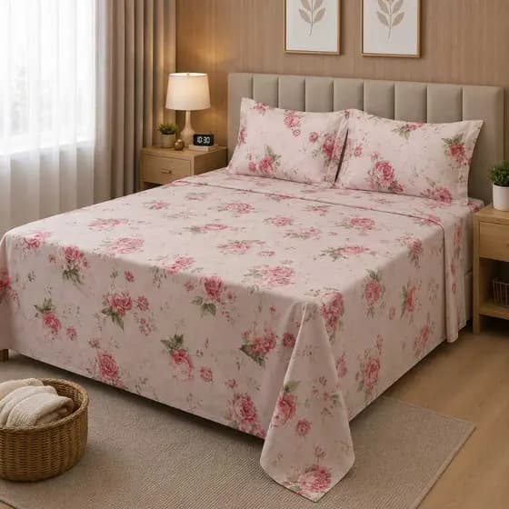 Jogo de Lençol Percal  Estampado 3 Peças  Cama Box, todo na Bainha e com Abas nas Fronhas