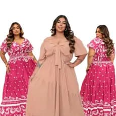 1 Vestido Feminino longo Plus Size em Decote V Estampado e Liso