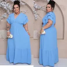 #  Vestido Feminino Longo Plus Size Manga Curto Decote V 3 Marias Na Manga Luxo Premium